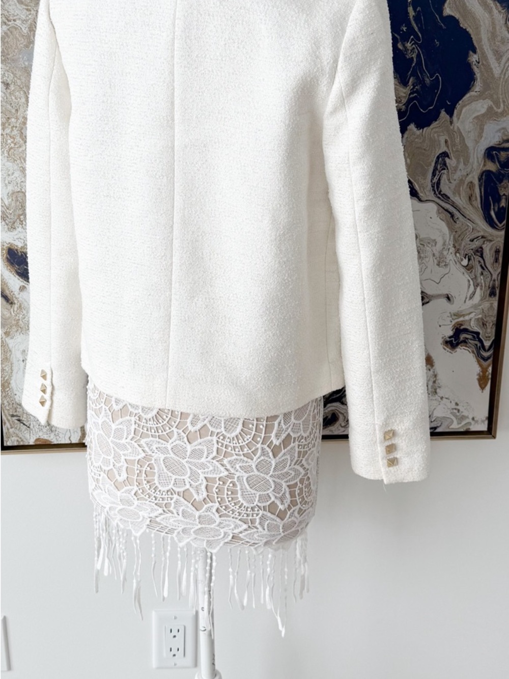 Valentino Cream Bouclé Double-Breasted Jacket with Gold Pyramid Buttons - Picture 7 of 16